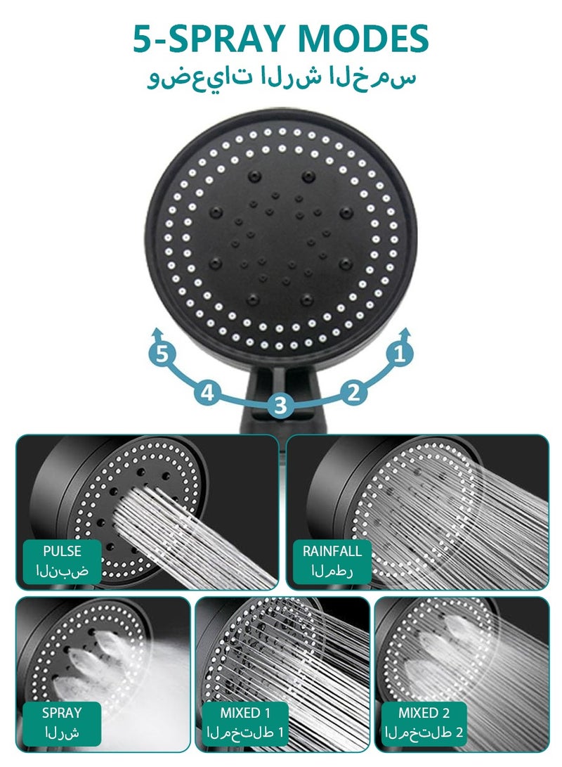 DPTER High Pressure 5 Mode Handheld Showerhead - Anti Clogging Nozzles, Built-In Power Wash for Tub, Tile and Pet Cleaning, Extra Long 2M Stainless Steel Hose, No-Punch Wall Bracket - Image 2